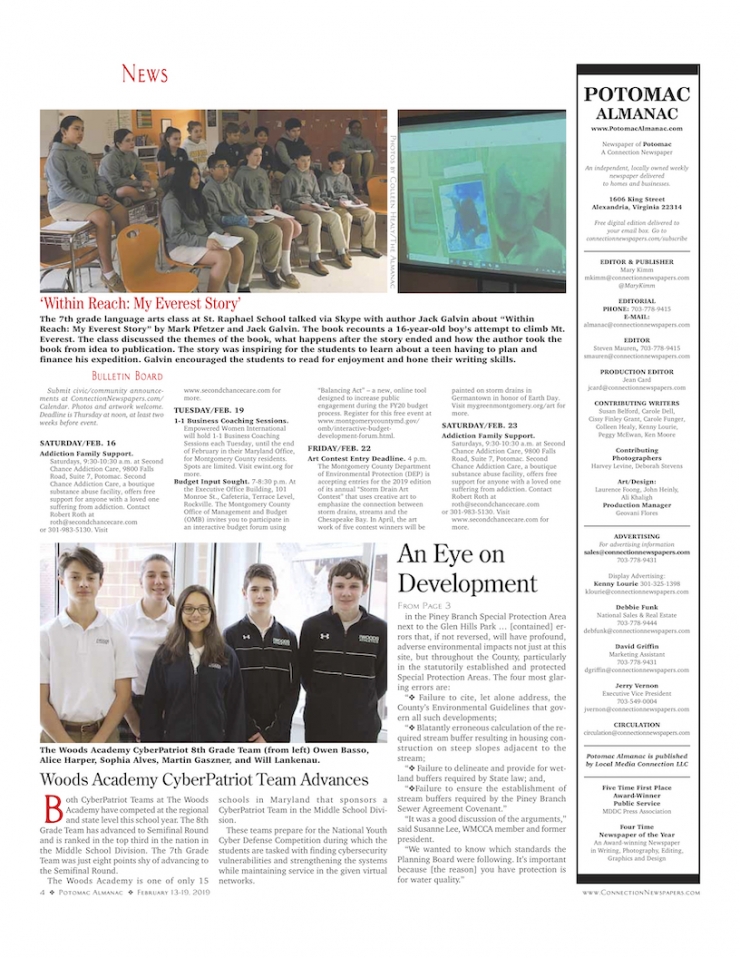 A page from the Feb. 13-19 Potomac Almanac with a photo of SRS students Skyping with author